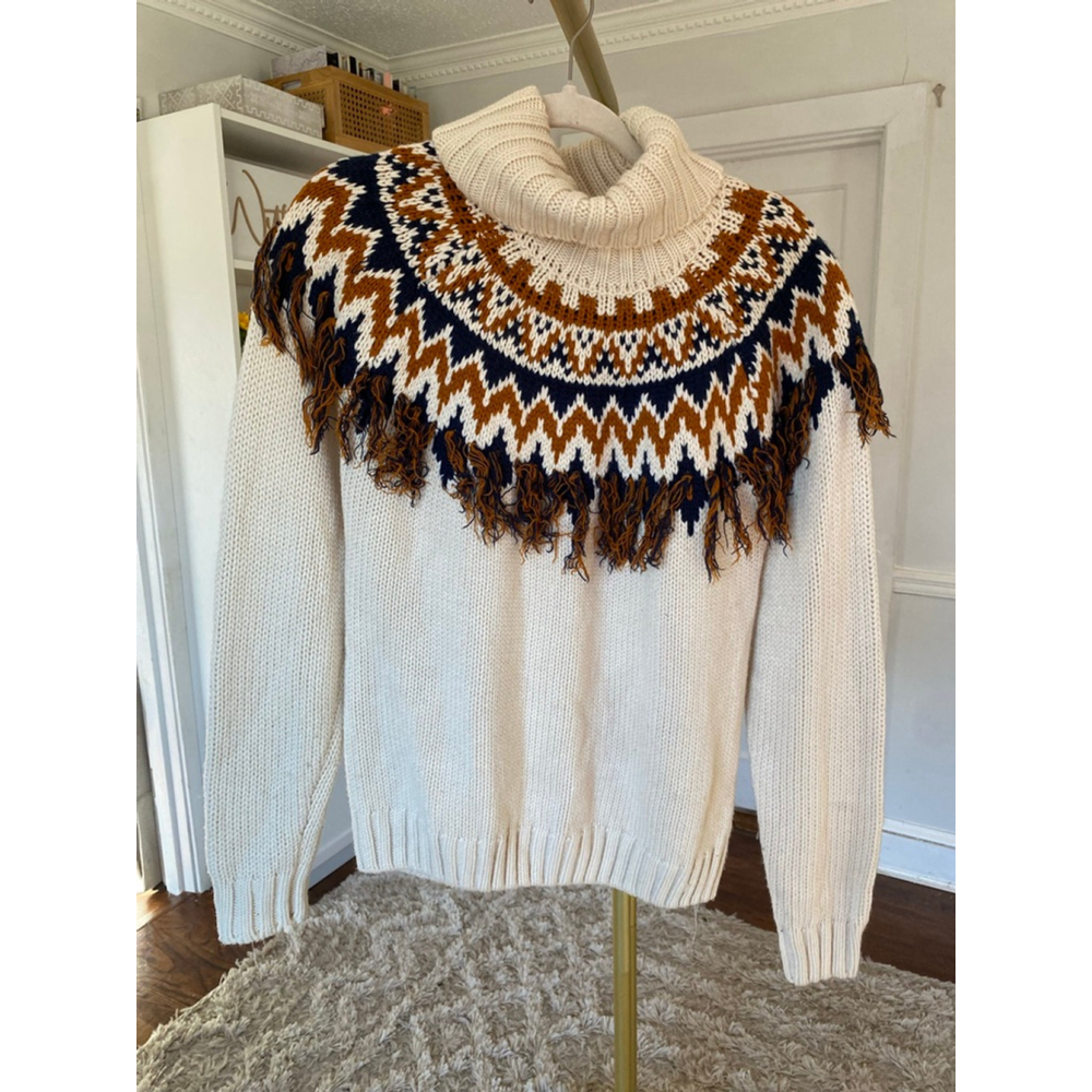 Forever 21 Fair Isle Turtleneck Fringe Knit Sweater Americana Quiet‎ Luxury Cozy - Picture 2 of 9